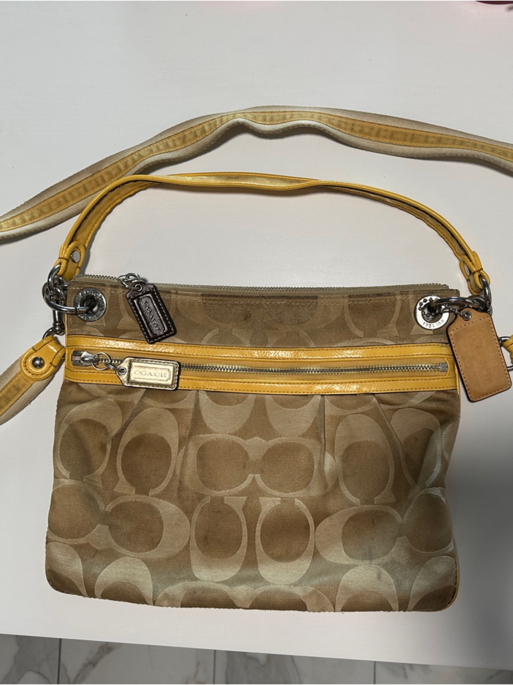 Coach Tan Signature Canvas Crossbody with sunflower Yellow Trim